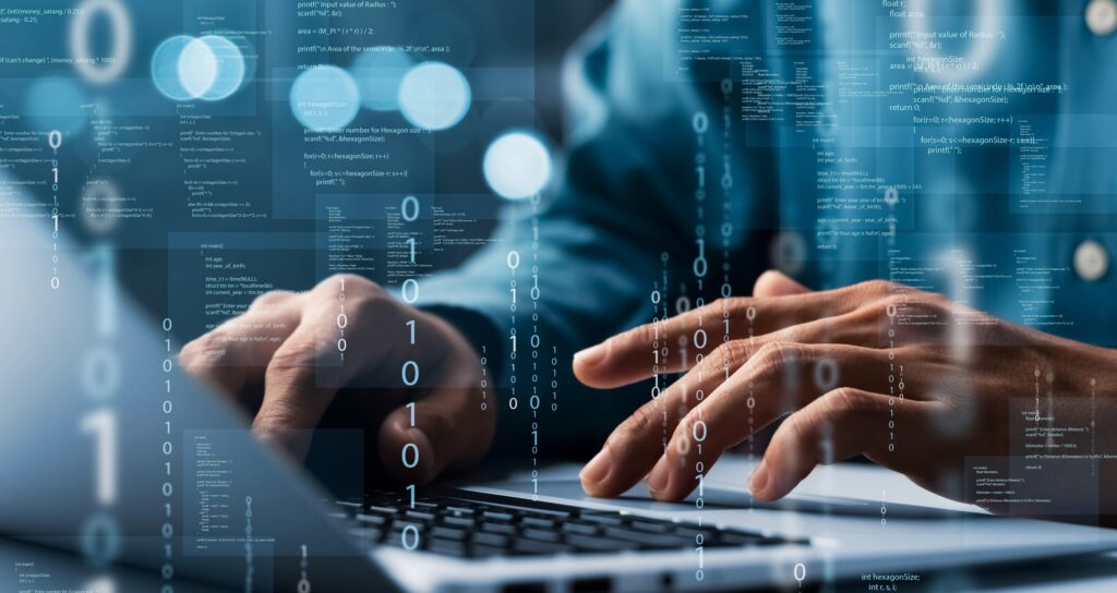 Google Gemini 2 Mani che lavorano al computer con codici binari olografici in sovrascrizione
