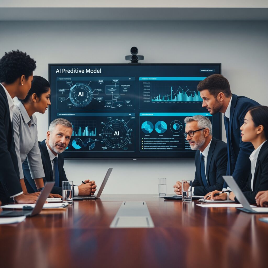 Applicazioni IA Board meeting con computer a parete e intelligenza artificiale al lavoro