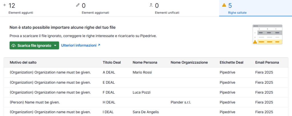 Tutorial Pipedrive: come importare dati nel CRM (2025) Screenshot delle righe non importate in Pipedrive
