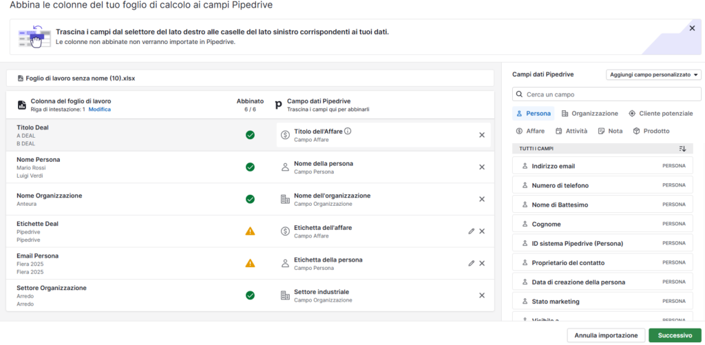 Tutorial Pipedrive: come importare dati nel CRM (2025) Screenshot con la schermata mapping delle importazioni di Pipedrive