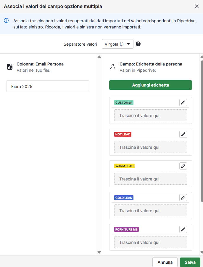 Tutorial Pipedrive: come importare dati nel CRM (2025) Screenshot del mapping delle opzioni proposto da Pipedrive